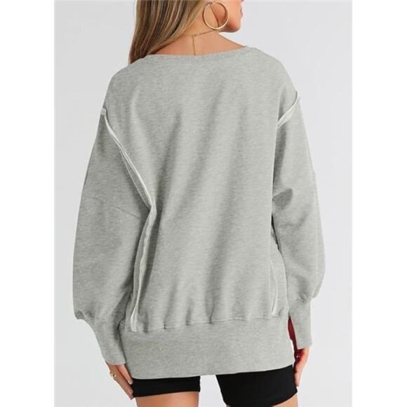 Oversized Reverse Seam Sweatshirt, Casual Long Sleeve Lightweight Pullover, Gray - Picture 5 of 7